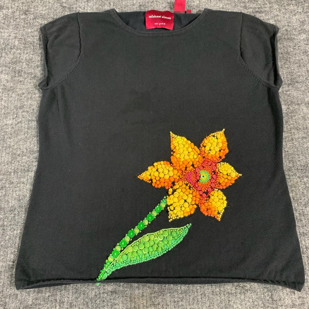 Michael Simon Sweater Womens XL Black Floral Sun Flower Applique Short Sleeve